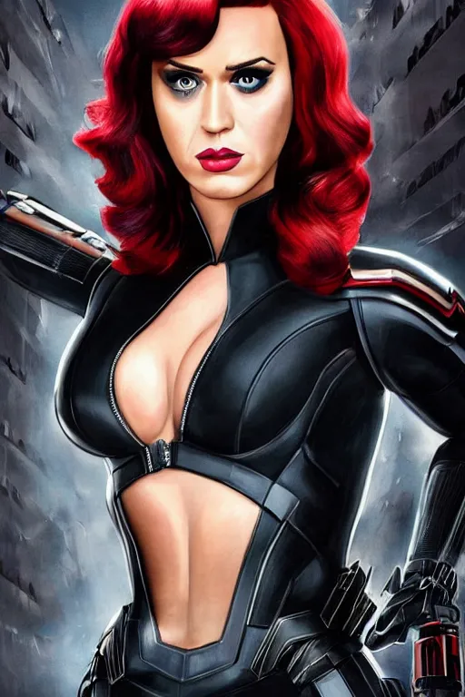 Image similar to katy perry as black widow in the avengers, portrait, very detailed face