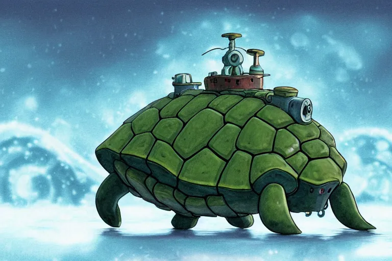 Prompt: cell shaded cartoon of a giant lovecraftian mechanized turtle from howl's moving castle ( 2 0 0 4 ), on an icy road in the mist, full body, wide shot, very muted colors, post grunge, studio ghibli, highly detailed, deviantart, art by artgem