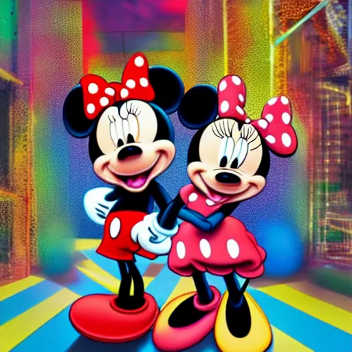 Image similar to minnie and mickey mouse raving in a warehouse highly detailed digital photograph