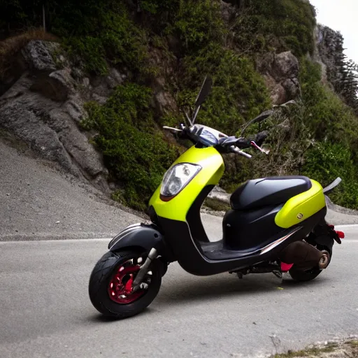 Image similar to photo of yamaha mio race scooter, tuning, 75ccm, yoshimura exhaust, two tone paintjob, on a mountainroad parked at a cliff, 85mm pentax, f/1.3