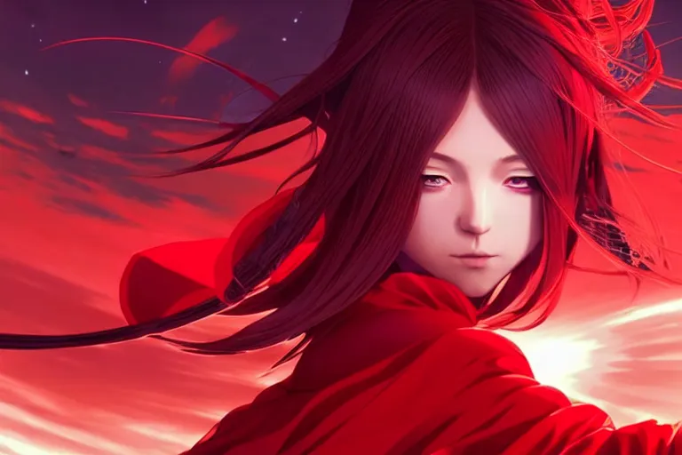 Image similar to red dressed summoner girl fighting against outer gods with their creatures. floating planets on the background, box office hit, fantasy and cosmic horror movie, unreal engine, intricate, highly detailed 8 k, ambient occlusion, extremely beautiful and aesthetic shape of face and body, art by hiroaki samura and ilya kuvshinov and rossdraws