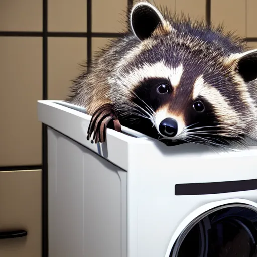 Prompt: raccoon dog doing his laundry, photorealistic, 4K