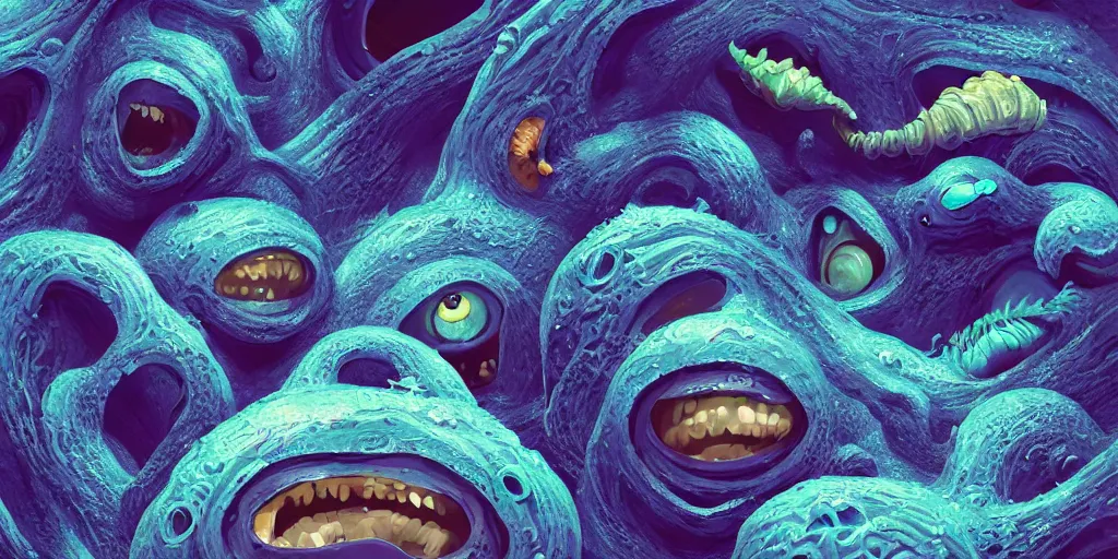 Image similar to of an intricate deep sea with strange cute friendly happy creatures with huge eyes, long tongue, round teeth and goofy funny face, appearing from the background, in the style of gehry and gaudi, macro lens, shallow depth of field, ultra detailed, digital painting, trending artstation, concept art, illustration, cinematic lighting, photorealism, epic, octane render