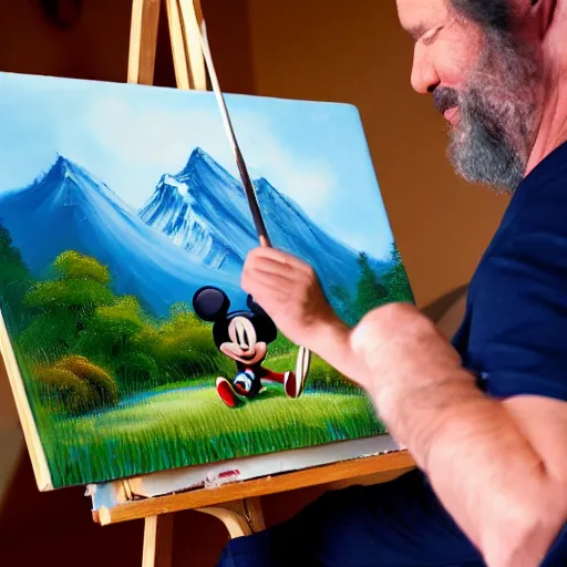 Image similar to a closeup photorealistic photograph of bob ross working on a canvas painting of mickey mouse. film still. brightly lit scene. mountains and trees. this 4 k hd image is trending on artstation, featured on behance, well - rendered, extra crisp, features intricate detail, epic composition and the style of unreal engine.