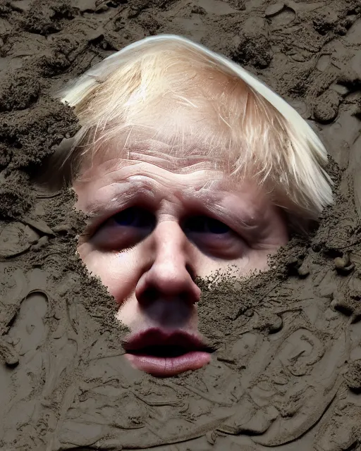 Image similar to an oil painting of uk politician former prime ministe boris johnson lying down in a pile of mud on a farm, covered in dirt, 4 k detail