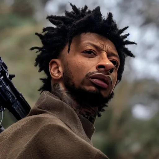 Prompt: first shot of 2 1 savage in rambo remake, directed by christopher nolan, ( eos 5 ds r, iso 1 0 0, f / 8, 1 / 1 2 5, 8 4 mm, postprocessed, crisp face, facial features )