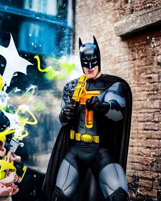 Image similar to happy batman firing super soaker water gun in an alleyway, everyone having fun, product advertisement, photography