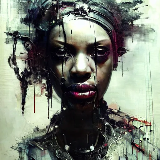 Prompt: black female cybernetic dream hunter, cyberpunk, wires, skulls!! machines ( by emil melmoth zdzislaw belsinki craig mullins yoji shinkawa ) realistic render ominous detailed photo atmospheric by jeremy mann francis bacon and agnes cecile ink drips paint smears!! digital glitches glitchart!!