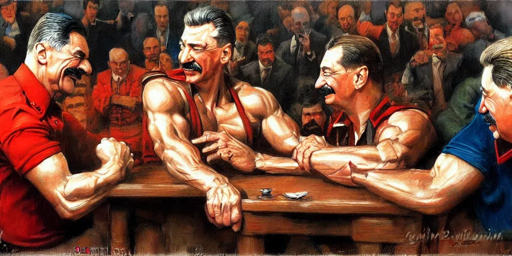 Prompt: arm wrestling between vladimit putin and iosif stalin, hyperrealistic, digital concept art, caricature illustration, art by gaston bussiere
