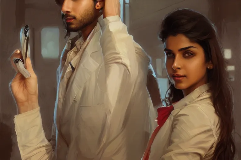 Image similar to Anxious good looking pale young Indian doctors wearing American clothes at the airport, portrait, elegant, intricate, digital painting, artstation, concept art, smooth, sharp focus, illustration, art by artgerm and greg rutkowski and alphonse mucha