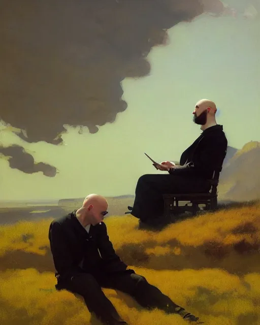 Prompt: a bald nonbinary moustachioed it specialist at work. fantasy art by greg rutkowski, gustave courbet, rosa bonheur, edward hopper. faithfully depicted facial expression, perfect anatomy, sharp focus, global illumination, radiant light, detailed and intricate environment, trending on artstation