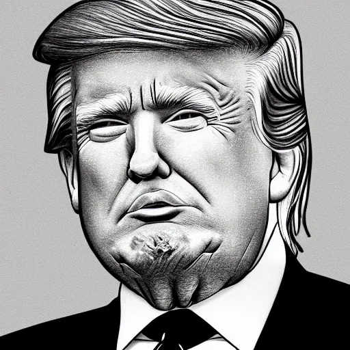 Prompt: cartoon drawing of Trump in black pencil, detailed