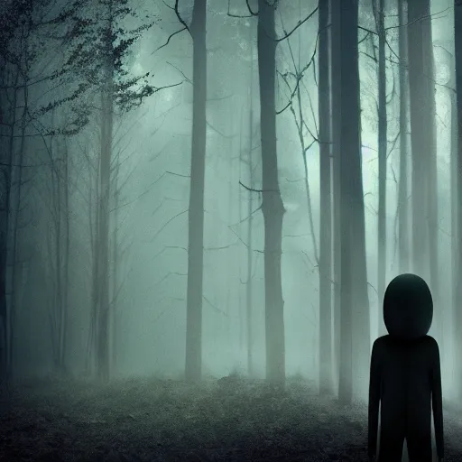 Prompt: slenderman standing in a dark ominous forest, creepy, scary, realistic, photorealistic, found footage, dark, night, ambience, shadows, dim