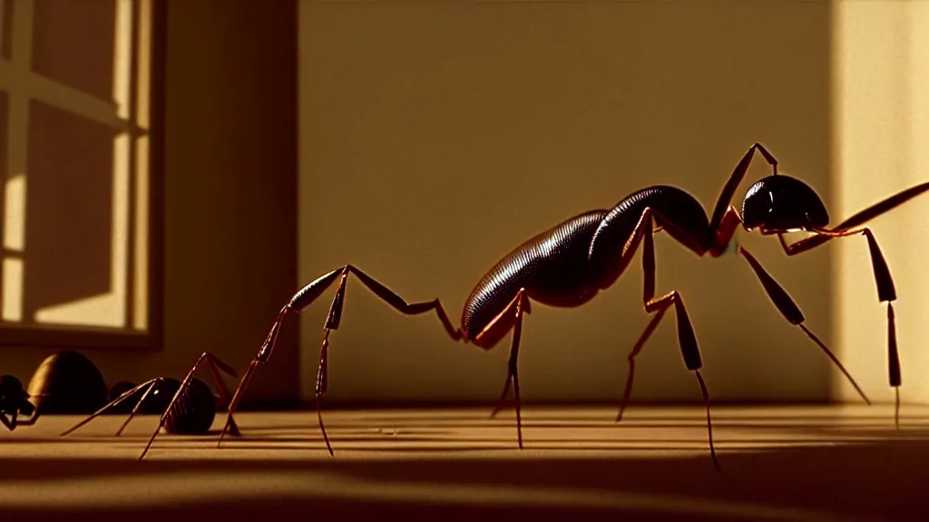 Image similar to the giant ant in the living room, film still from the movie directed by Denis Villeneuve with art direction by Salvador Dalí, wide lens