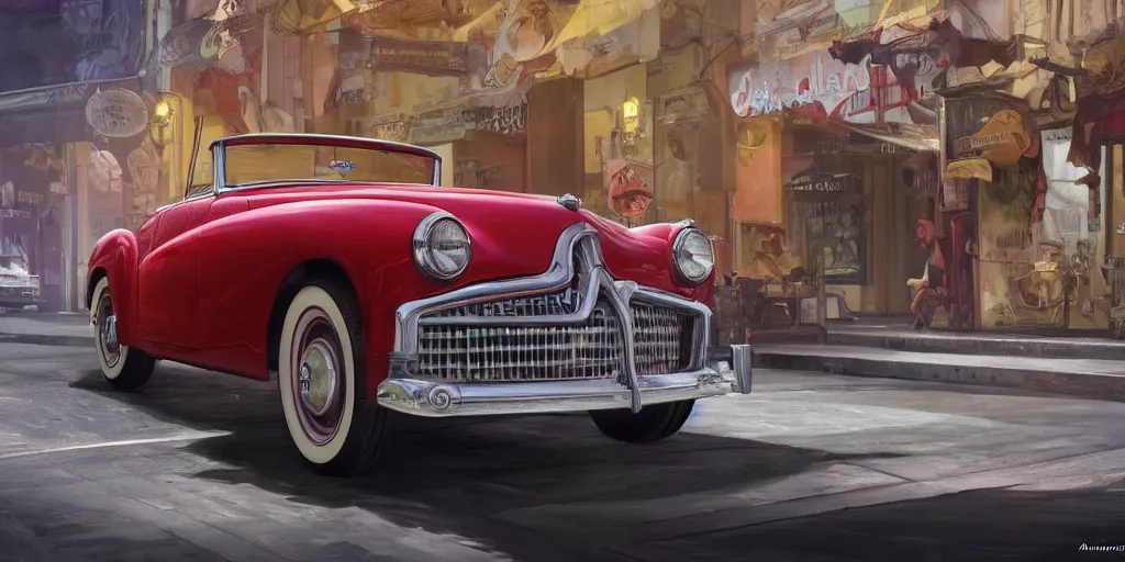 Image similar to front picture of one single 1952 red convertible car as a grand theft auto 5 loading screen, front view, intricate, studio, art by anthony macbain + greg rutkowski + alphonse mucha, concept art, 4k, sharp focus