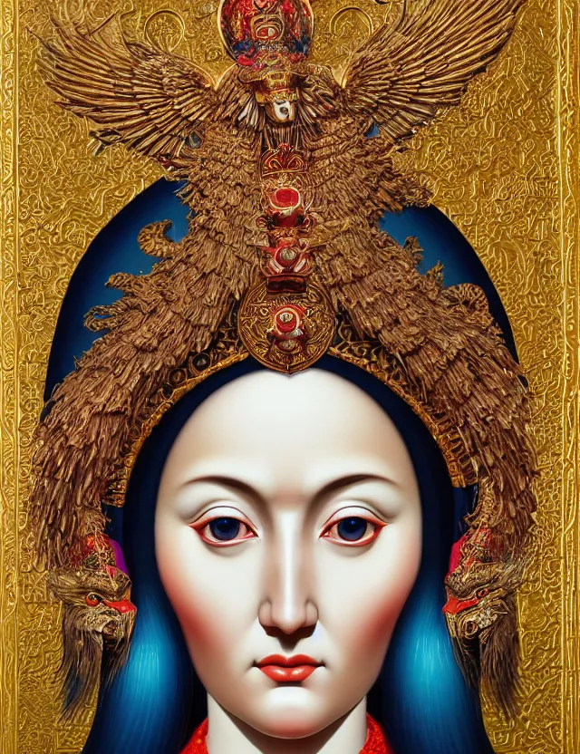 Image similar to 3 d goddess close - up profile portrait russian orthodox icon with ram skull. beautiful intricately detailed japanese crow kitsune mask and clasical japanese kimono. betta fish, jellyfish phoenix, bio luminescent, plasma, ice, water, wind, creature, artwork by tooth wu and wlop and beeple and greg rutkowski