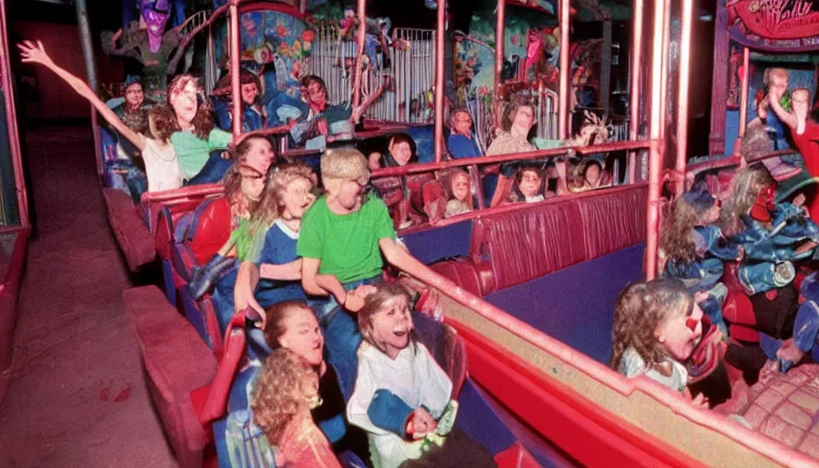 Image similar to 1990s photo of inside the Goosebumps Ride at Universal Studios in Orlando, Florida, children riding through a Haunted ventriloquist theater, slime, cinematic, UHD