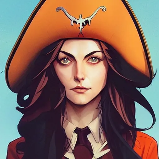 Prompt: Joshua Middleton comic art, pretty female Phoebe Tonkin, pirate, black eye patch over left eye, evil smile, pirate clothing, long wavy black hair, full body:: sunny weather::