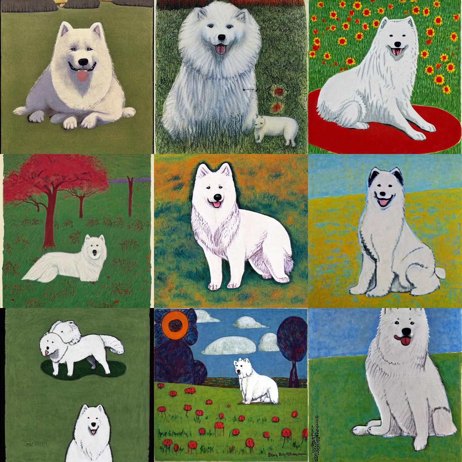 Prompt: a samoyed dog sitting in the middle of sunny meadow, colored, by ben shahn