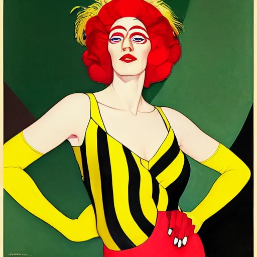 Image similar to art by joshua middleton, a medium shot portrait of the golden creeper, a tall manically smiling yellow - skinned woman with green and black striped cycling shorts and wearing a long red and black striped ostrich feather boa, yellow makeup, mucha, kandinsky, poster, art deco motifs, comic art, stylised design, scarlet feather boa