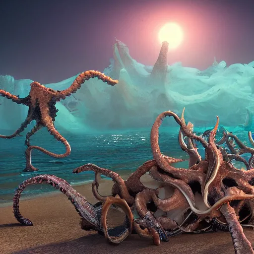 Image similar to stunning cinematic wide shot of a sea of fulgurites surrounding a beautiful slick sea creature, on a beach. fulgurites towering over the creature, well designed perfect with slick led eyes, wearing kelp, sharp claws, hd octane render, fantasy, furry art, artstation, deviantart, furaffinity