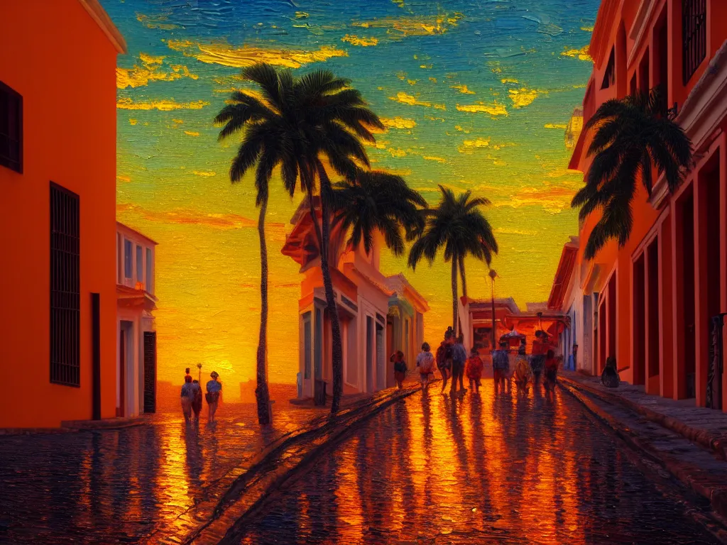 Image similar to of an impressionist oil painting of a sunset in the street of old san juan in puerto rico, hyper - detailed, 8 k, cinematic, octane render, by greg rutkowski