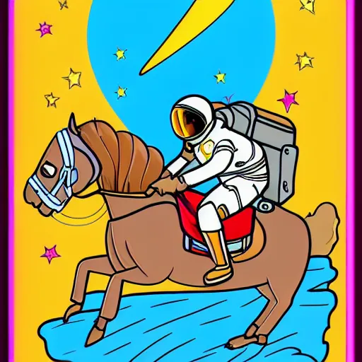 Prompt: Coloring page of an astronaut tabby cat riding a horse, in space