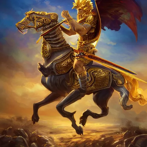 Image similar to a human king holding a golden sword and a golden shield riding a griffin, fantasy card game art