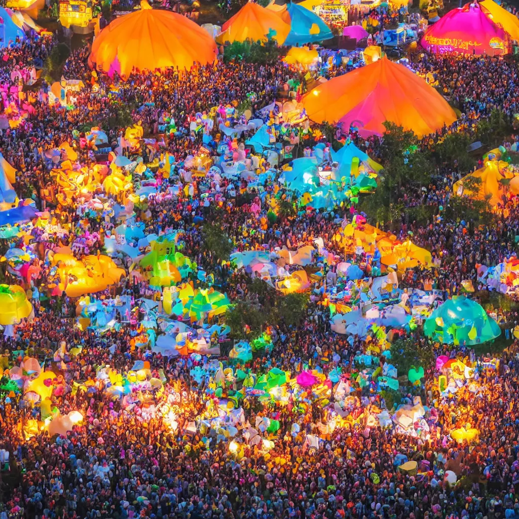 Image similar to festival theme camp called the poppin'kernels, with giant popcorn and movie projector outdoors at night, carnival lighting, outdoor cinema