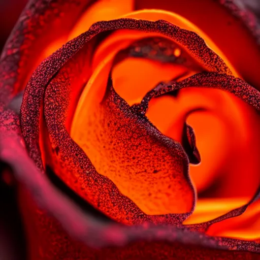 Image similar to award - winning macro of a beautiful black rose made of glowing molten magma