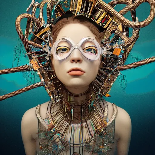 Prompt: give me a higher love, piles of modular synth cables, puerto rican goddess swimming up wearing a headpiece made of circuit boards, by cameron gray, wlop, stanley kubrick, masamune, hideki anno, jamie hewlett, unique perspective, trending on artstation, 3 d render, vivid