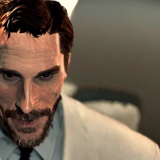 Prompt: christian bale from american psycho film in the God of War game