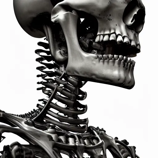 Prompt: mechanical parts in the shape of a skeleton by giger, cyborg, android, cyberpunk, hyper realistic, borg, far shot, computers, detailed