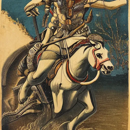 Image similar to a exotic metro pollynsdian warrior riding a horse through a river, painted by jorgihno gisbana and takashi tokyo, style of ultra capitalism surealism