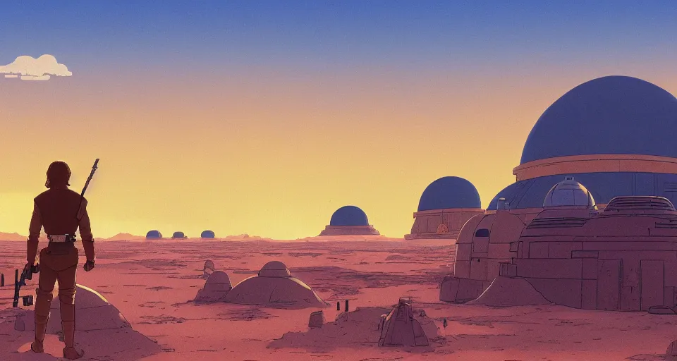 Image similar to beautiful wide shot tatooine landscape, Luke skywalker sunset, little domes, Star Wars a new hope 1977, studio ghibli, Miyazaki, Greg rutkowski, Alphonse mucha, Moebius, golden hour, highly detailed, hdr, vivid color, 70mm