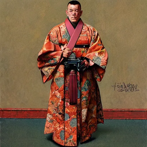 Image similar to the doomslayer wearing a kimono, portrait art by norman rockwell and donato giancola and greg rutkowski,