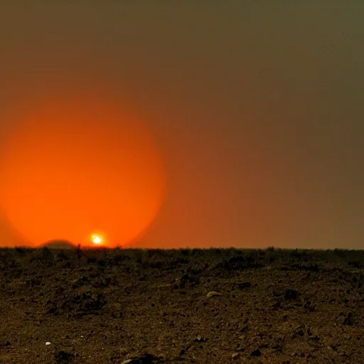 Image similar to the last living thing on earth, disaster, gloomy, sad, dust filled air, dim orange and green light, photography.