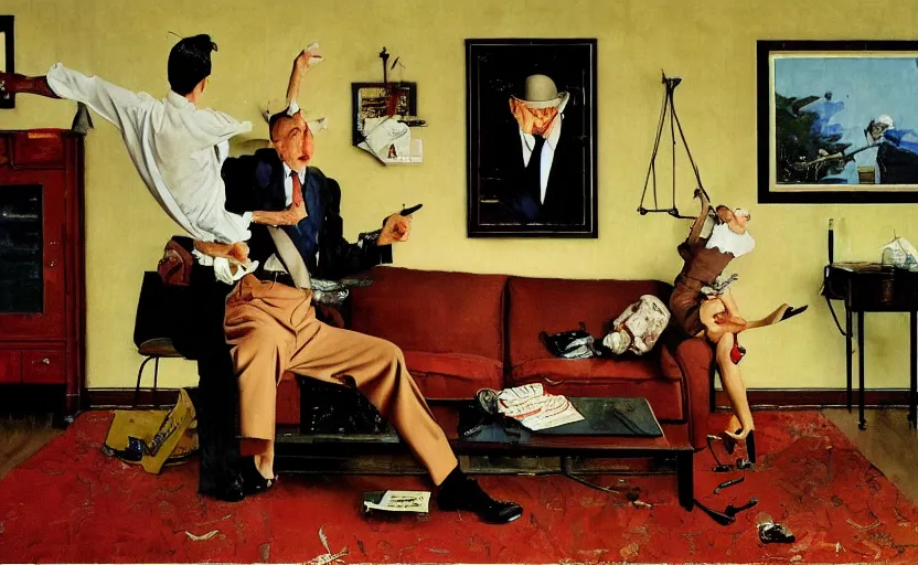 Image similar to a thin man jumps over a telephone beside a sofa in a dark living room, painted by rick berry and norman rockwell, highly detailed