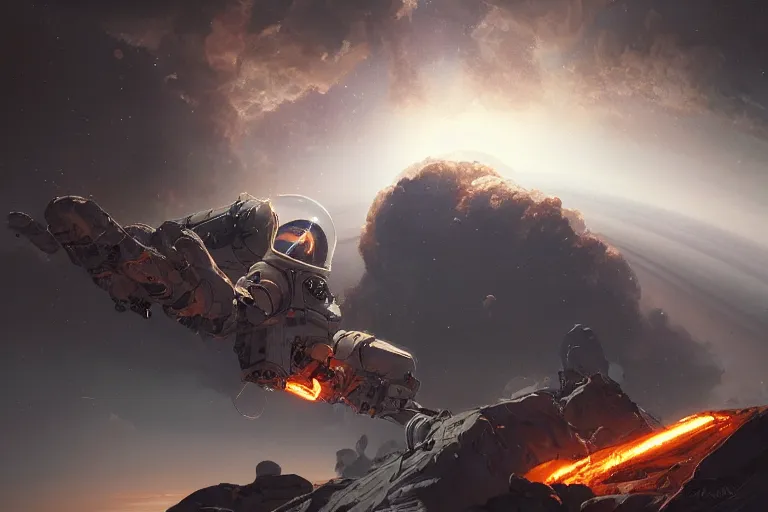 Image similar to 2 1 0 0 astronaut burning up while dropping through the majestic clouds of jupiter, by cedric peyravernay, highly detailed, excellent composition, cinematic concept art, dramatic lighting, trending on artstation