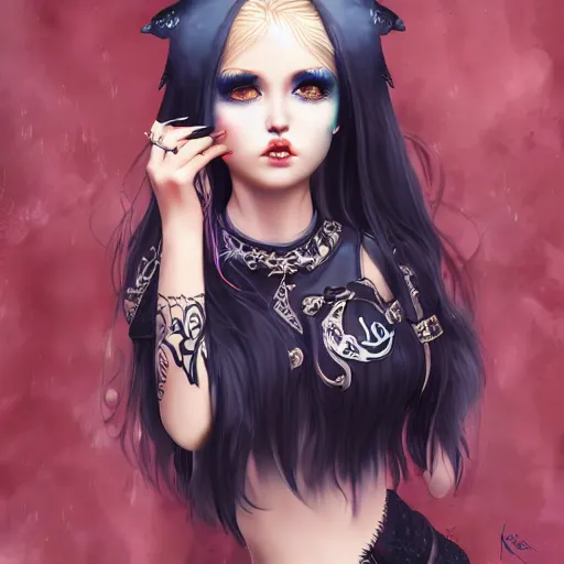 Image similar to kerli koiv animel goth girl in mini skirt and crop top intricate, extremely detailed, artstation, 8 k, sensual lighting, incredible art, wlop, artgerm