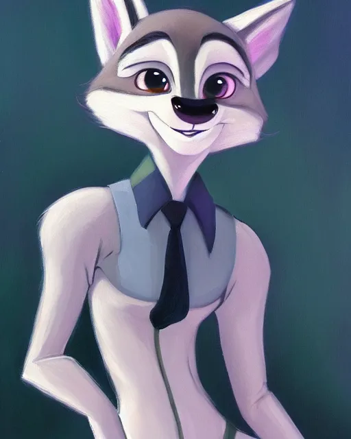 Prompt: beautiful oil painting of anthromorphic female wolf, in style of zootopia, zootopia, zootopia, fursona, furry, furaffinity, 4 k, deviantart, furry art, fursona art, wearing black business suit, business suit, in style of zootopia, wolf fursona, cyberpunk, female, very very very expressive detailed feminine face,