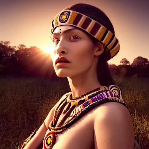 Image similar to photographic portrait of a stunningly beautiful renaissance female in traditional hopi dress, white irises and dark eye makeup, in soft dreamy light at sunset, god rays, contemporary fashion shoot, by edward robert hughes, annie leibovitz and steve mccurry, david lazar, jimmy nelsson, extremely detailed, hyperrealistic, perfect face, octane render