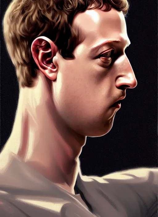 Image similar to mark zuckerberg as male android!!!, pale, lifeless, dead eyes, portrait, intricate, elegant, highly detailed, digital painting, artstation, concept art, wallpaper, smooth, sharp focus, illustration, art by h. r. giger and artgerm and greg rutkowski and alphonse mucha