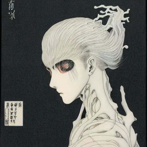 Image similar to prompt : black and white portrait soft light painted by takato yamamoto, human modified by mecha attributes and armor, inspired by ghost in shell anime, smooth face feature, intricate oil painting, high detail, sharp high detail, manga and anime 1 9 8 0