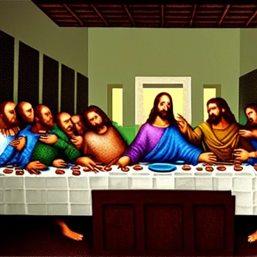 Image similar to the last supper with an alien sitting in the middle of the table