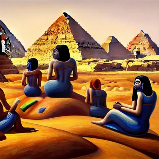 Image similar to a painting of a group of people sitting on rocks, a surrealist painting by abdullah gerguri, cg society, neo - primitivism, fractalism, egyptian art, artstation