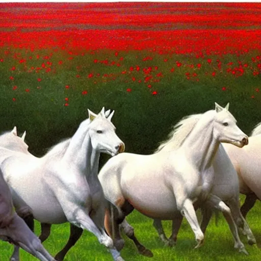Image similar to wide angle perspective sideview shot ultrarealistic HERD OF WHITE HORSES running through a vast field of red poppies at twilight :: equine anatomy, anatomically correct horses, sculpted muscles, long flowing manes, photorealistic heads:: styles of Richard Avedon, Rosa Bonheur, Jacques-Louis David, and John Collier :: matte painting, smooth rendering, laser sharp, insane detail, volumetric twilight, cinematic, God light shafts, Octane render, trending on Artstation, Behance, Zbrush, deep focus, intricate lines, epic, luxury, elite