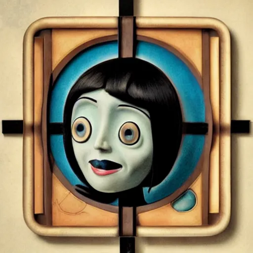 Image similar to “Coraline movie ‘other mother’ portraiture, art deco, 1950’s, solid shapes”