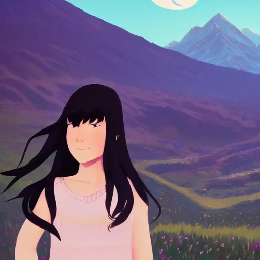 Prompt: one teen girl with long black hair and bangs, one teen boy with black hair, flower fields and mountains in the background, digital painting, artstation, highly detailed, by makoto shinkai and thomas kindle and James gilleard