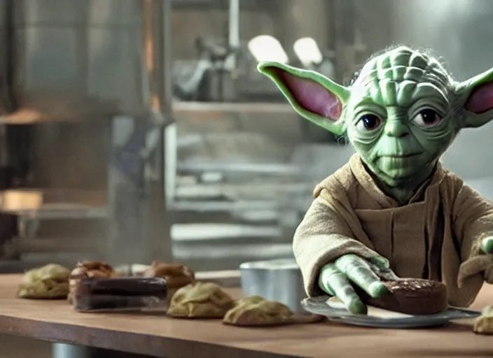 Image similar to film still of yoda working as a pastry chef in the new Star Wars movie, 4k